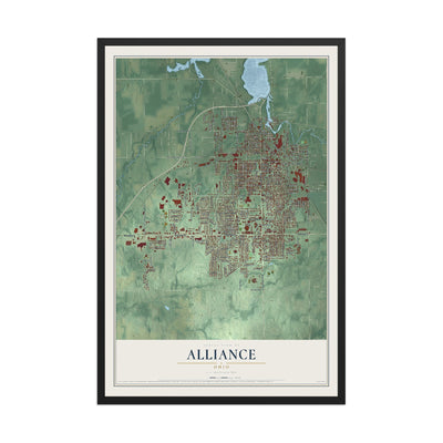 Map of Alliance, Ohio, 12 x 18 inch print in a black wood frame