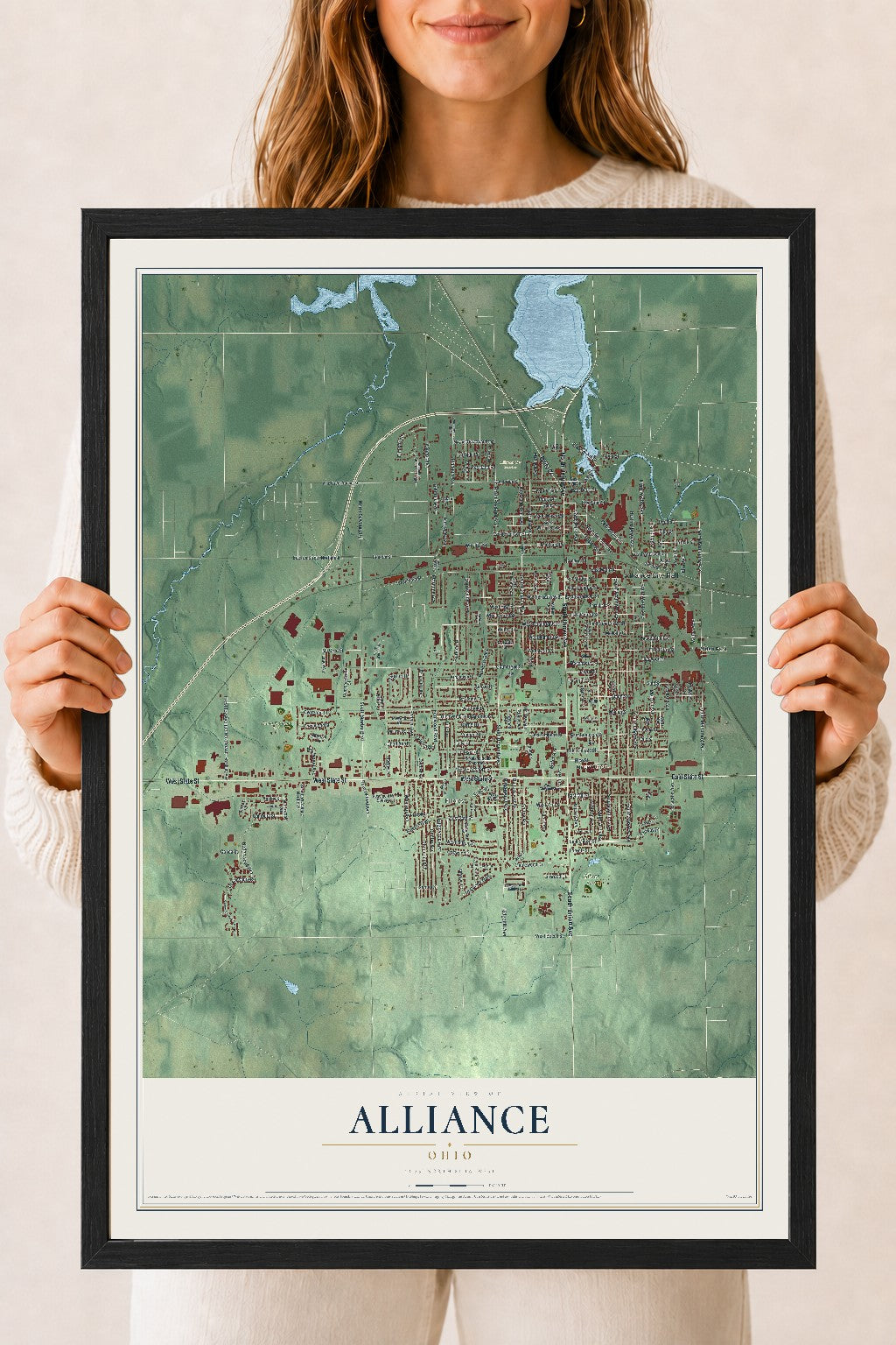 Map of Alliance, Ohio, 18 x 24 inch print in a black wood frame