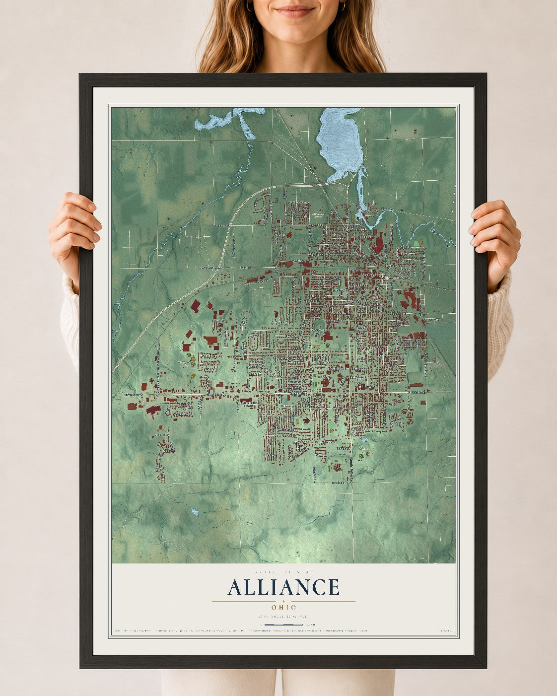 Map of Alliance, Ohio, 24 x 36 inch print in a black wood frame