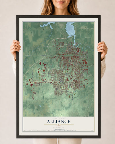 Map of Alliance, Ohio, 24 x 36 inch print in a black wood frame