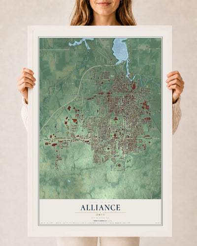 Map of Alliance, Ohio, 24 x 36 inch print in a white wood frame