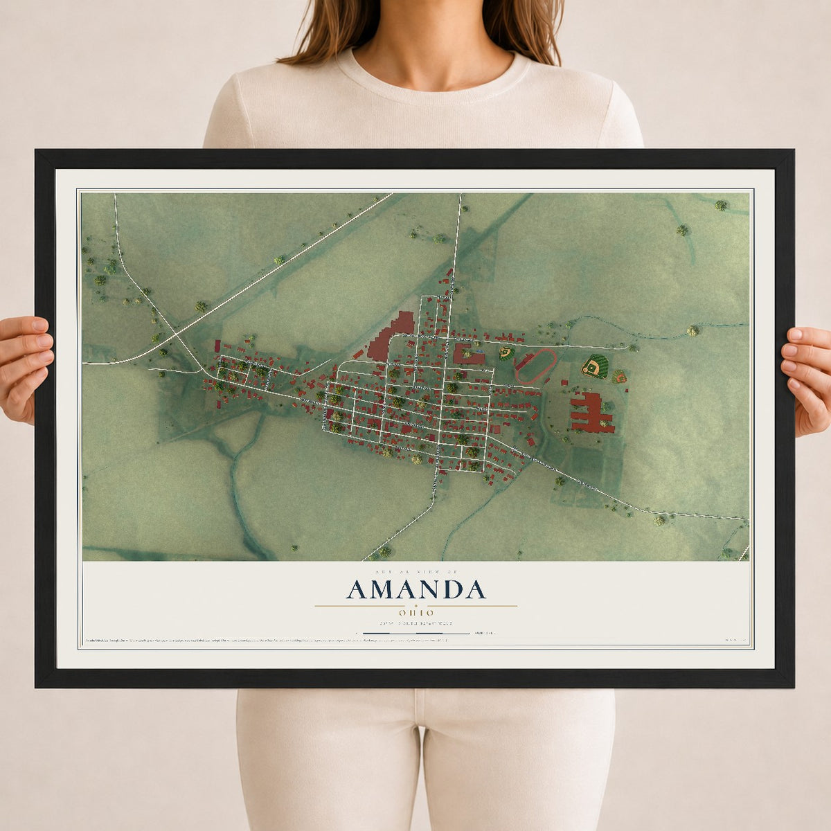 Map of Amanda, Ohio, 18 x 24 inch print in a black wood frame