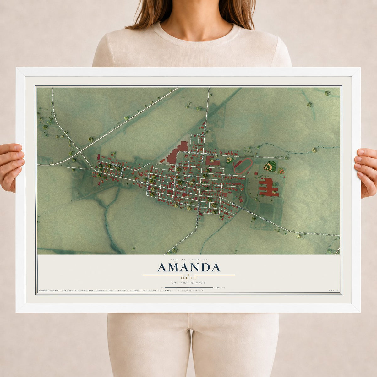 Map of Amanda, Ohio, 18 x 24 inch print in a white wood frame