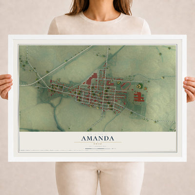 Map of Amanda, Ohio, 18 x 24 inch print in a white wood frame