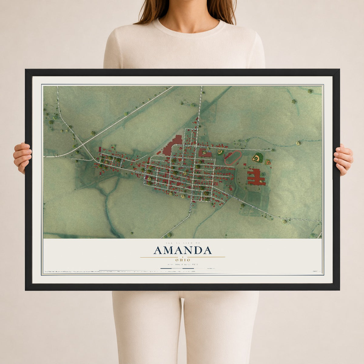 Map of Amanda, Ohio, 24 x 36 inch print in a black wood frame