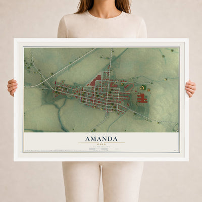 Map of Amanda, Ohio, 24 x 36 inch print in a white wood frame