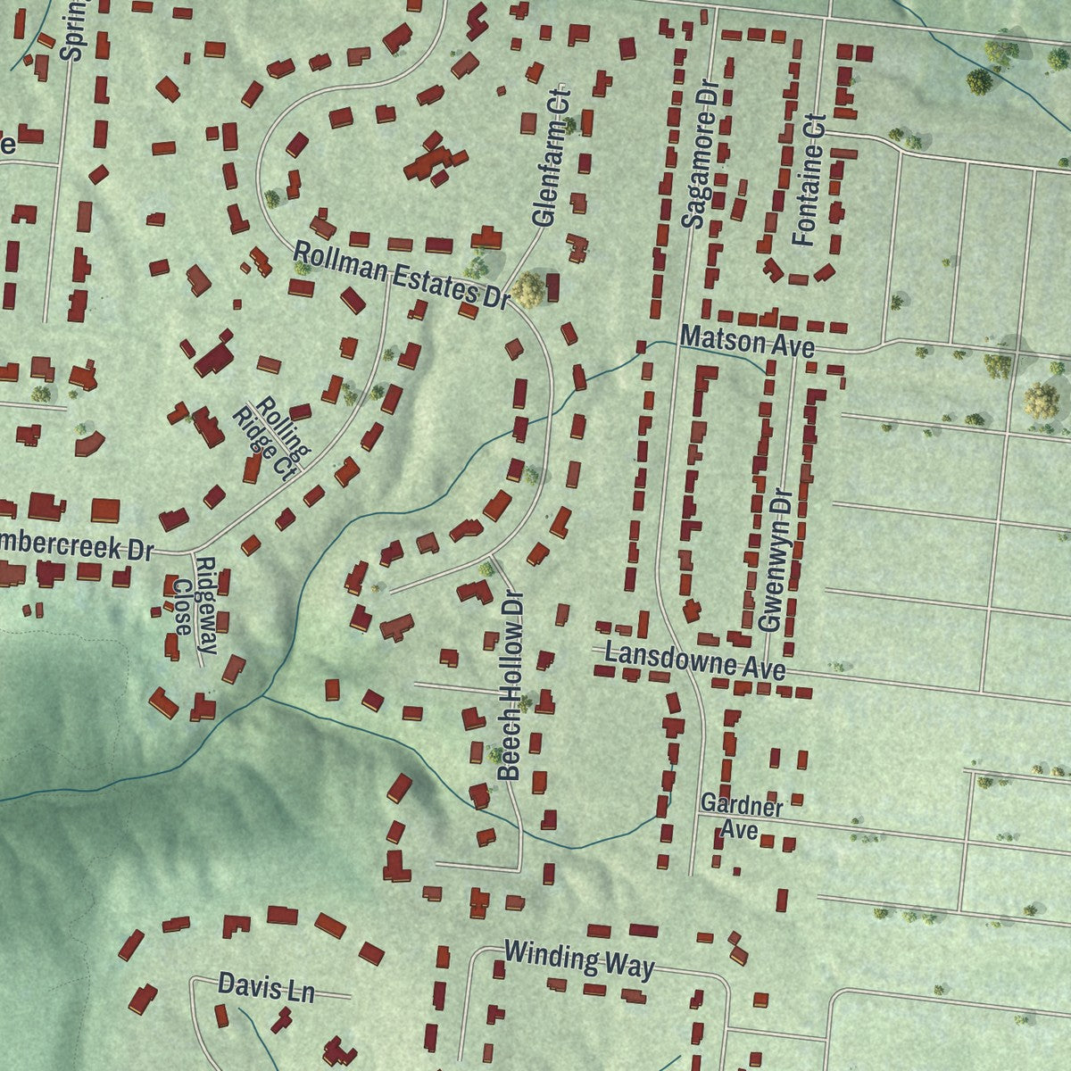 Close-up of the map of Amberley, Ohio print showing street and building detail