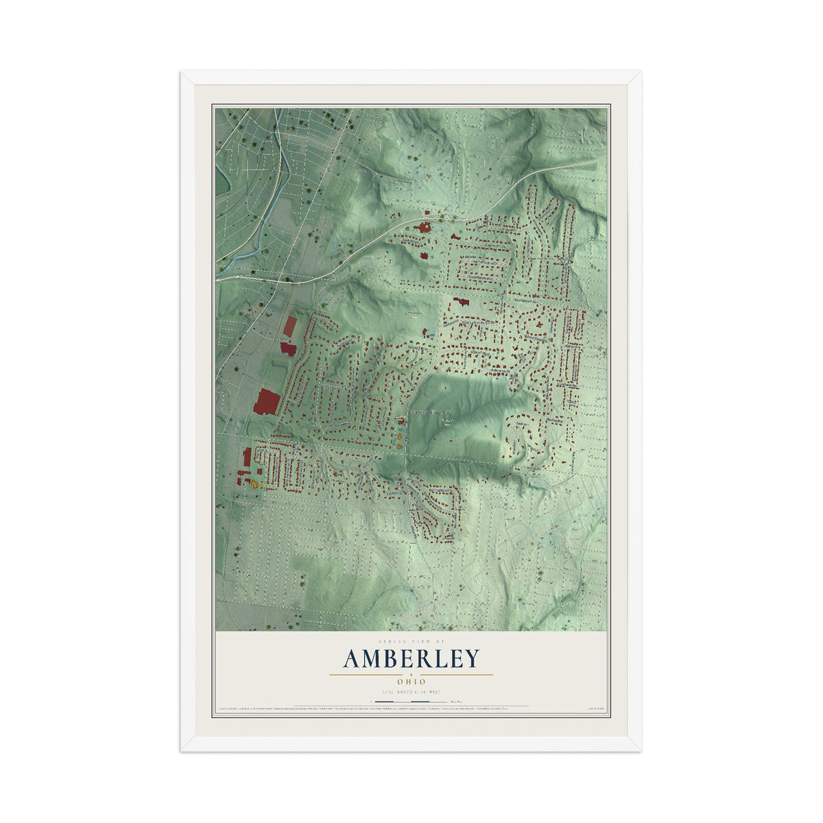 Map of Amberley, Ohio, 12 x 18 inch print in a white wood frame