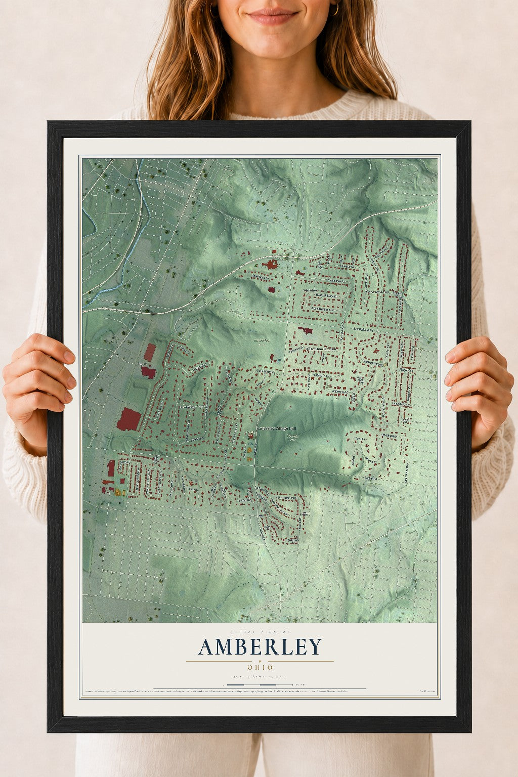 Map of Amberley, Ohio, 18 x 24 inch print in a black wood frame