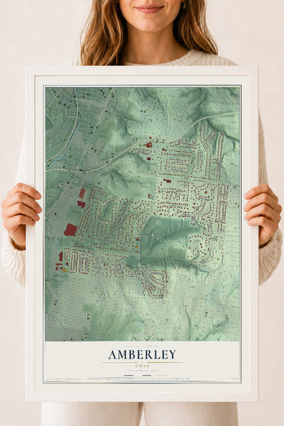 Map of Amberley, Ohio, 18 x 24 inch print in a white wood frame