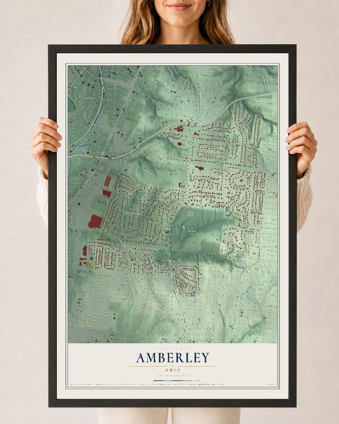 Map of Amberley, Ohio, 24 x 36 inch print in a black wood frame