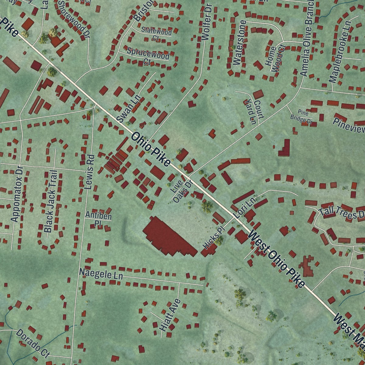 Second close-up of the map of Amelia, Ohio print showing more streets and buildings