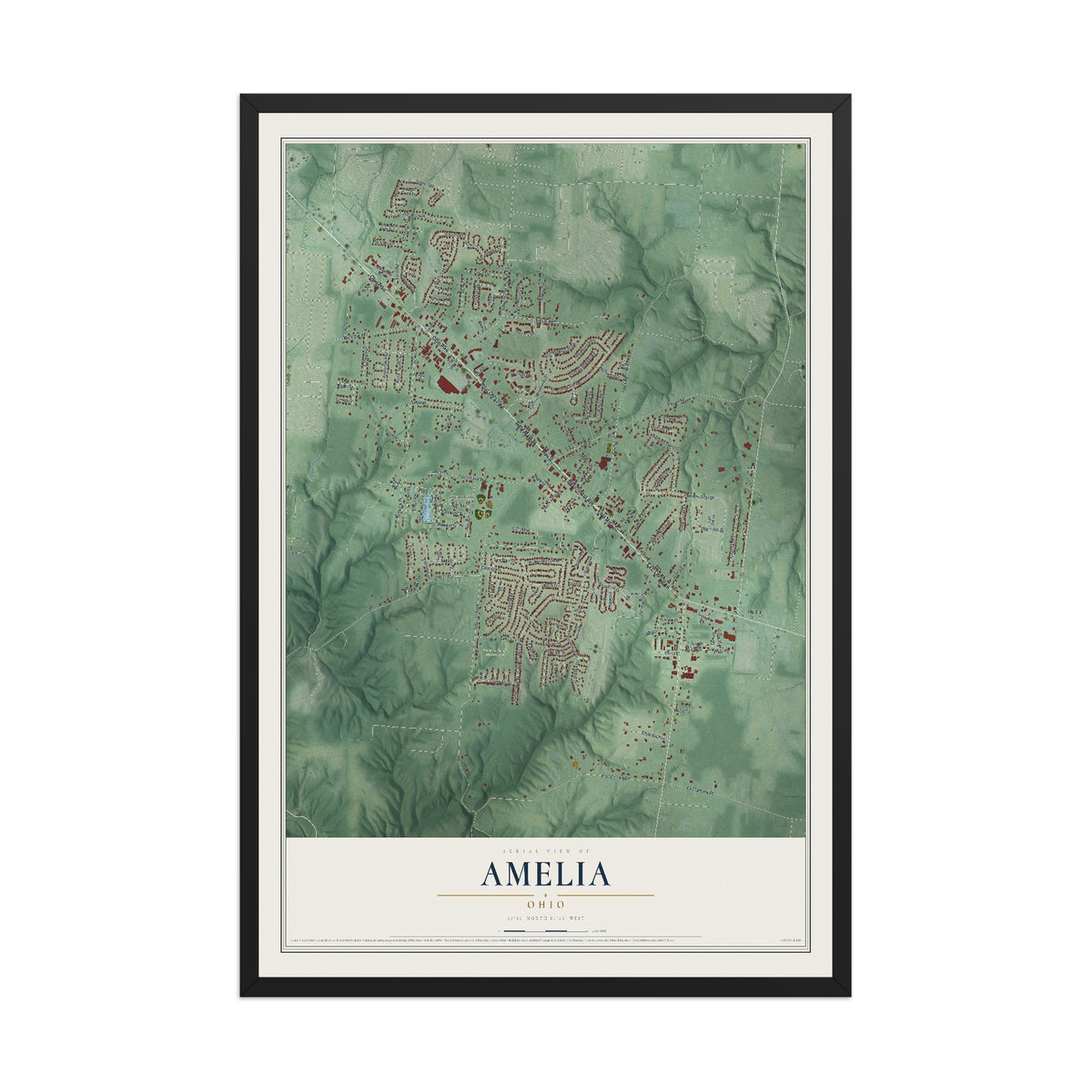 Map of Amelia, Ohio, 12 x 18 inch print in a black wood frame