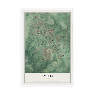 Map of Amelia, Ohio, 12 x 18 inch print in a white wood frame