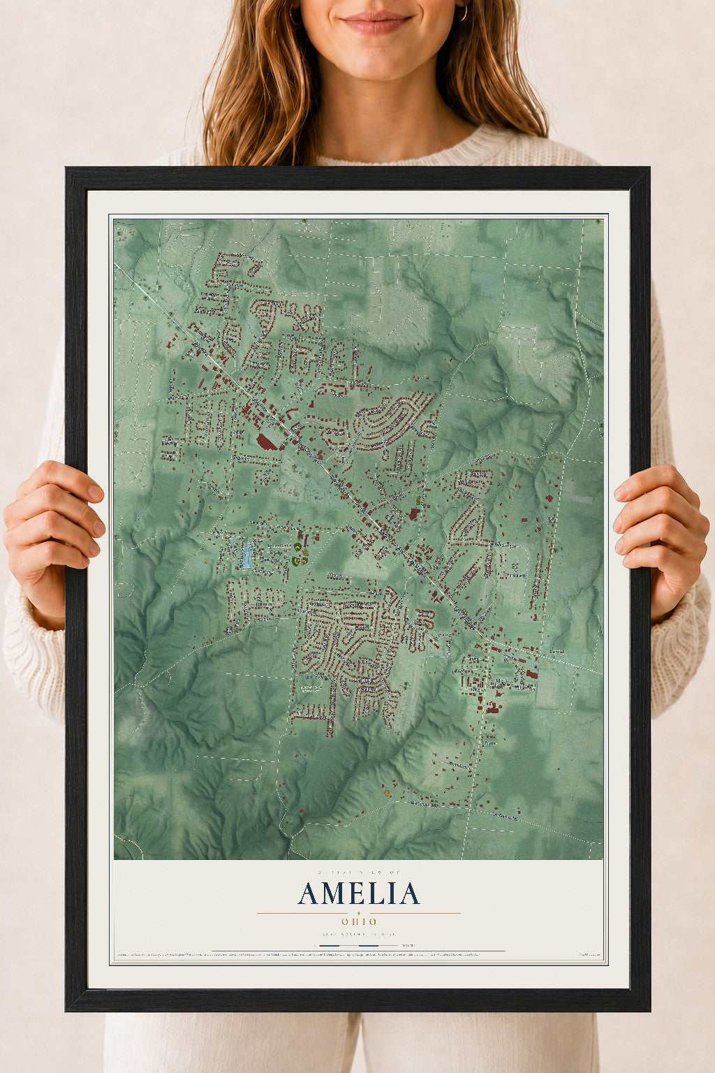 Map of Amelia, Ohio, 18 x 24 inch print in a black wood frame