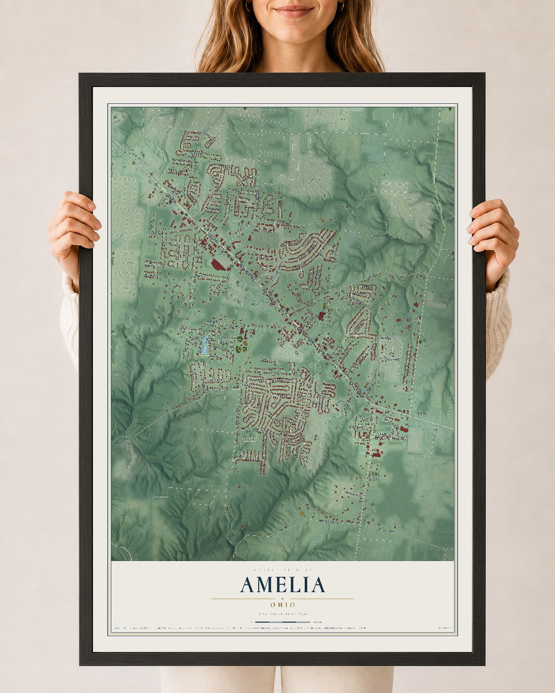Map of Amelia, Ohio, 24 x 36 inch print in a black wood frame