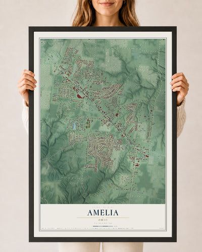Map of Amelia, Ohio, 24 x 36 inch print in a black wood frame
