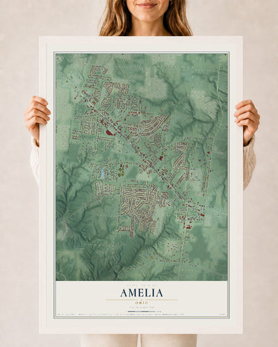 Map of Amelia, Ohio, 24 x 36 inch print in a white wood frame