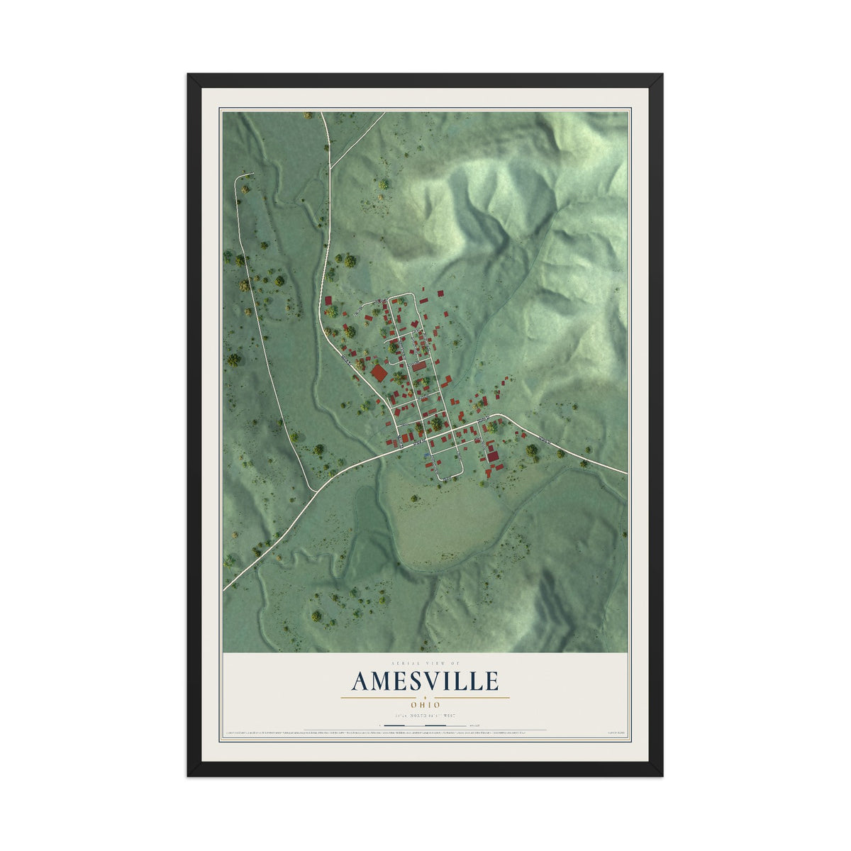 Map of Amesville, Ohio, 12 x 18 inch print in a black wood frame