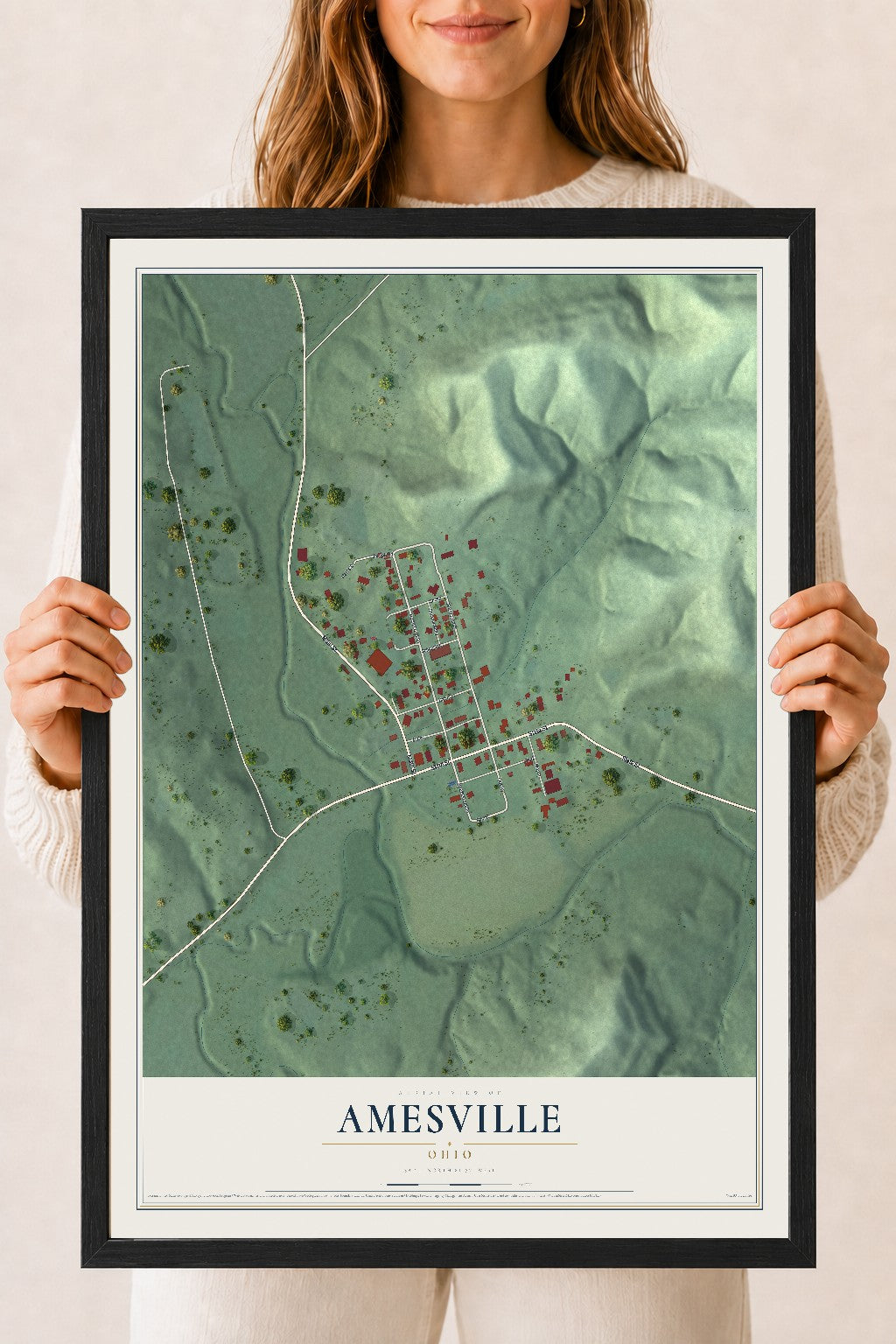 Map of Amesville, Ohio, 18 x 24 inch print in a black wood frame