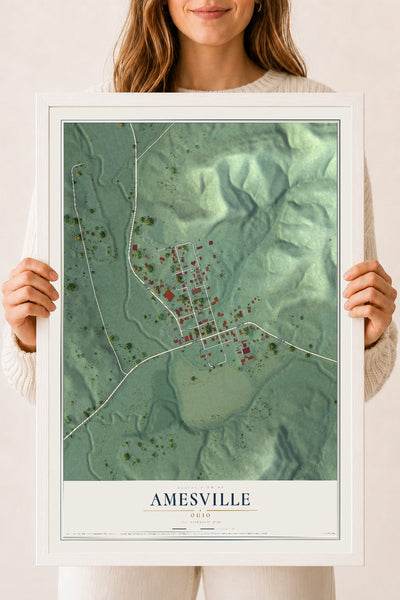 Map of Amesville, Ohio, 18 x 24 inch print in a white wood frame