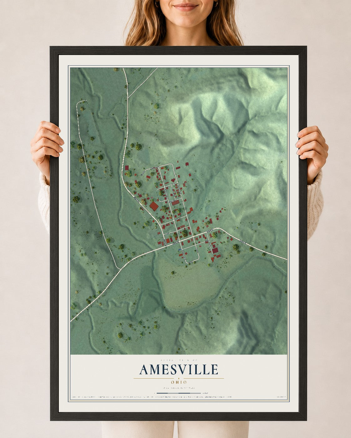 Map of Amesville, Ohio, 24 x 36 inch print in a black wood frame