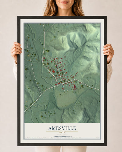Map of Amesville, Ohio, 24 x 36 inch print in a black wood frame
