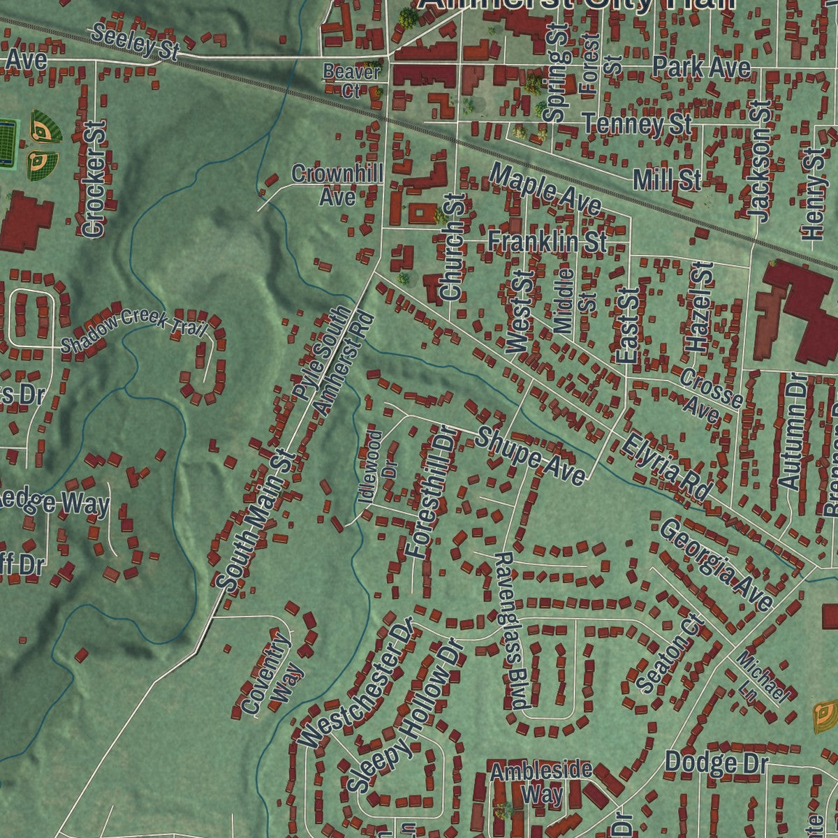 Close-up of the map of Amherst, Ohio print showing street and building detail