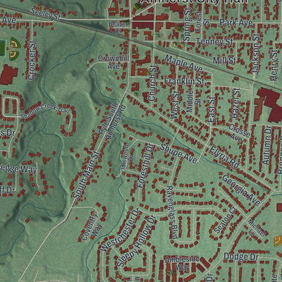 Close-up of the map of Amherst, Ohio print showing street and building detail