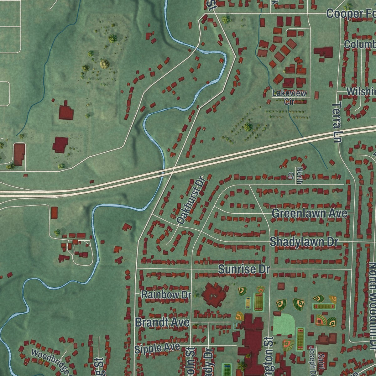 Second close-up of the map of Amherst, Ohio print showing more streets and buildings
