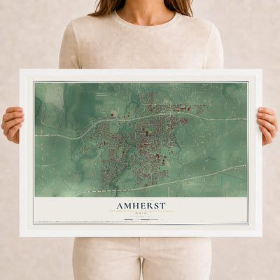 Map of Amherst, Ohio, 12 x 18 inch print in a white wood frame