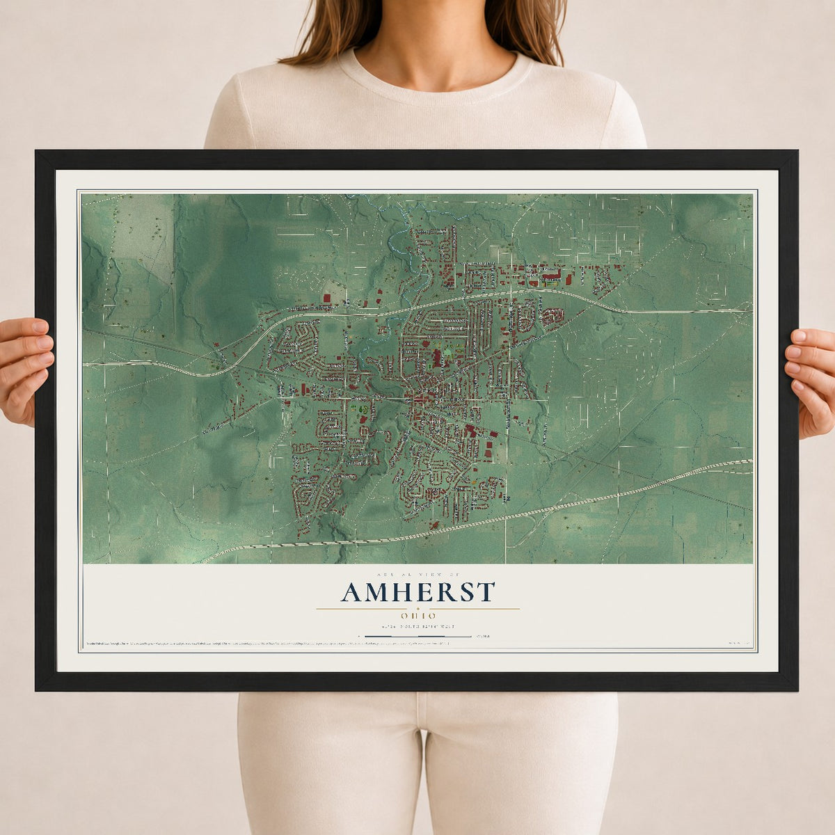 Map of Amherst, Ohio, 18 x 24 inch print in a black wood frame