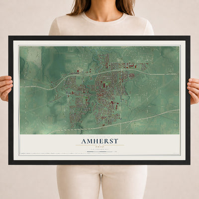 Map of Amherst, Ohio, 18 x 24 inch print in a black wood frame