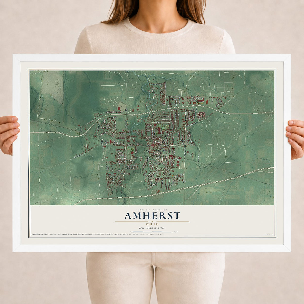 Map of Amherst, Ohio, 18 x 24 inch print in a white wood frame