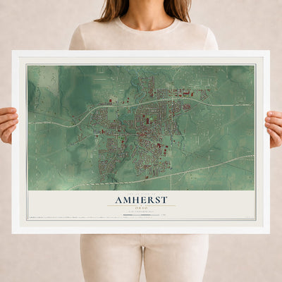 Map of Amherst, Ohio, 18 x 24 inch print in a white wood frame