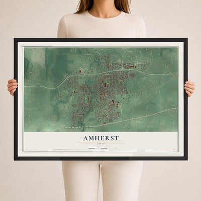 Map of Amherst, Ohio, 24 x 36 inch print in a black wood frame