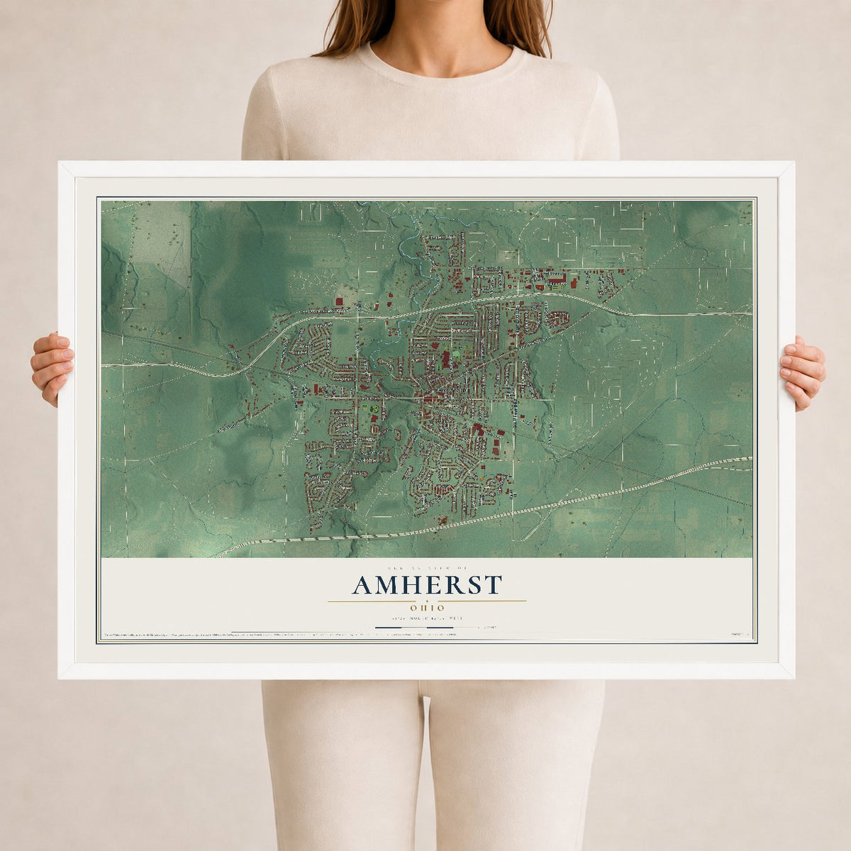 Map of Amherst, Ohio, 24 x 36 inch print in a white wood frame