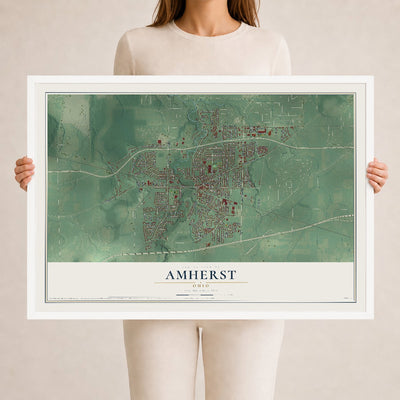 Map of Amherst, Ohio, 24 x 36 inch print in a white wood frame