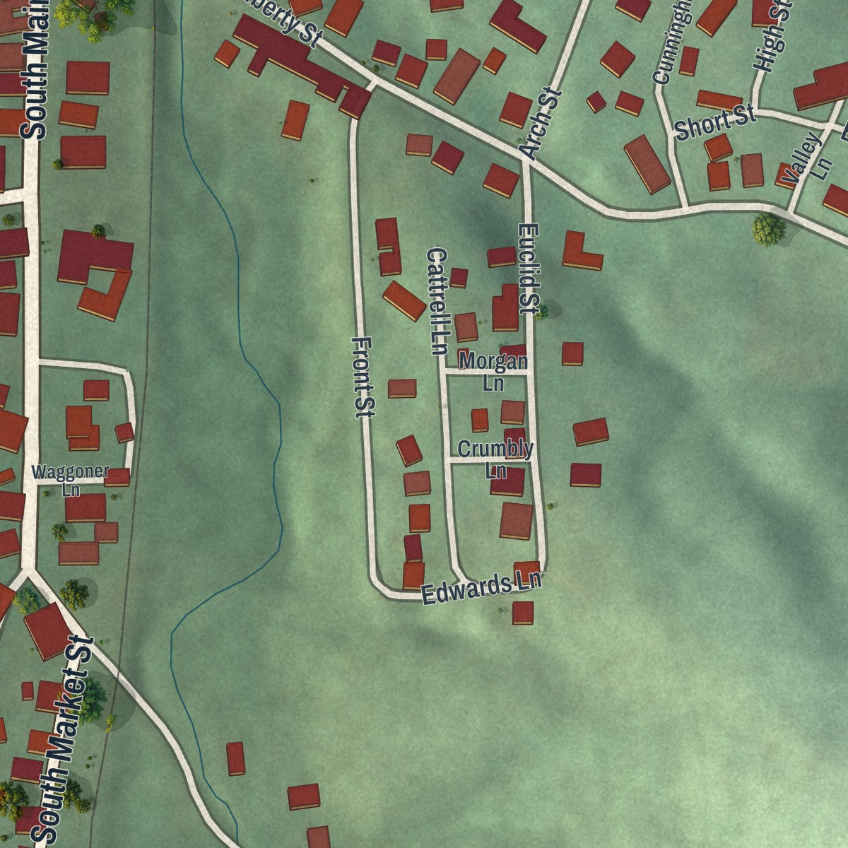 Close-up of the map of Amsterdam, Ohio print showing street and building detail