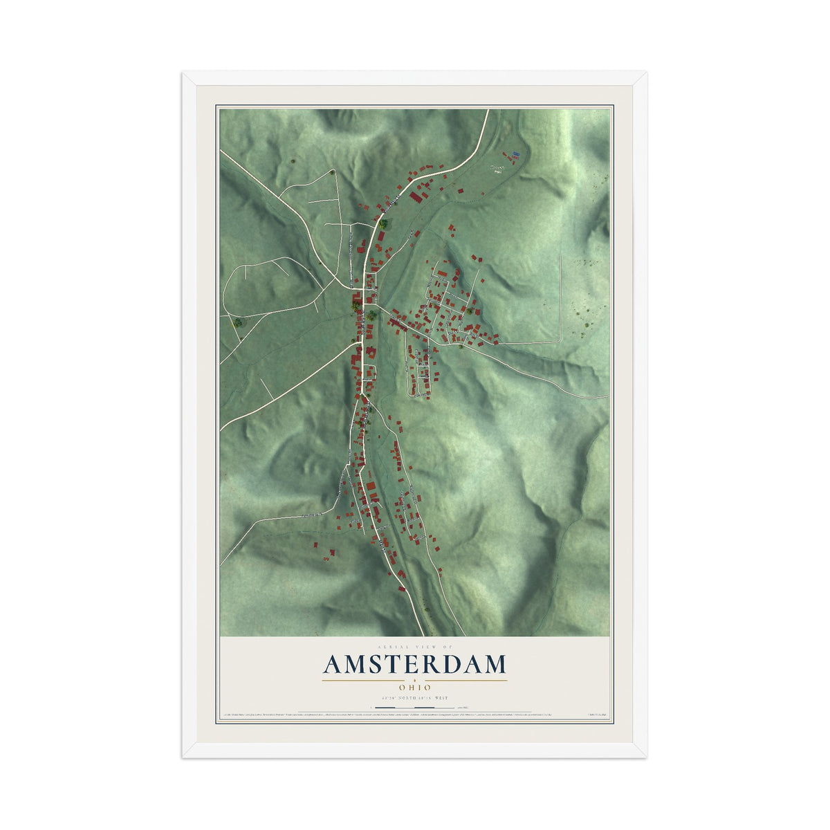 Map of Amsterdam, Ohio, 12 x 18 inch print in a white wood frame