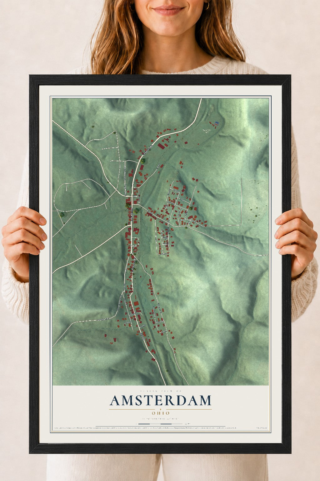 Map of Amsterdam, Ohio, 18 x 24 inch print in a black wood frame