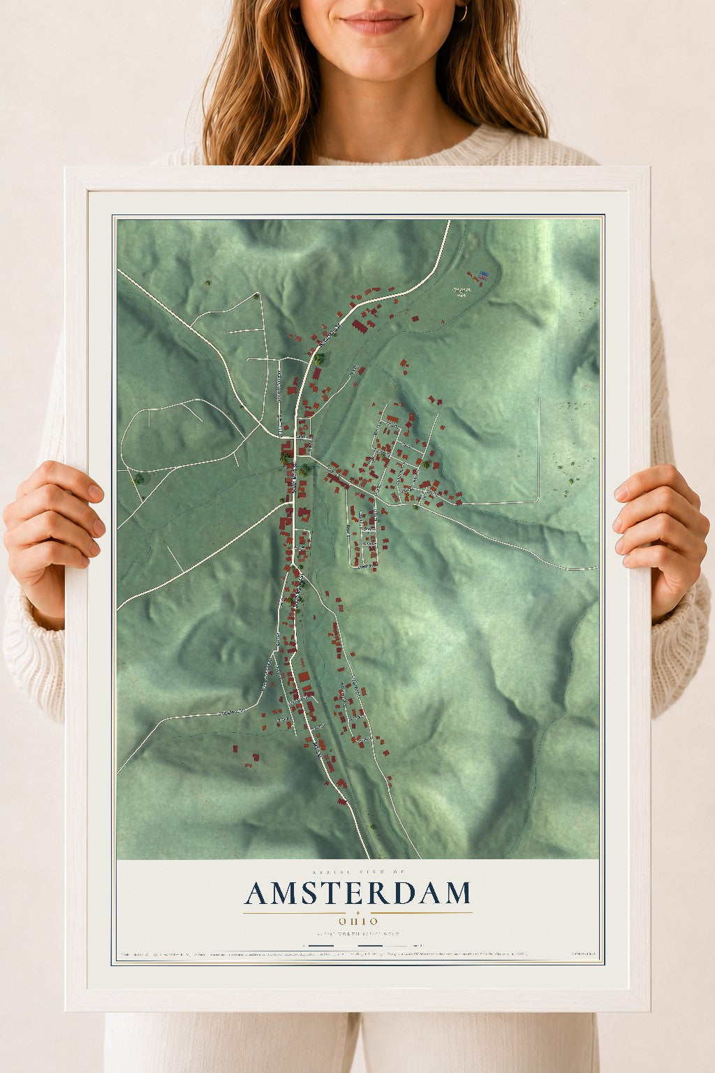 Map of Amsterdam, Ohio, 18 x 24 inch print in a white wood frame