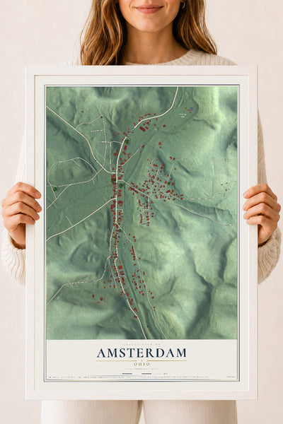 Map of Amsterdam, Ohio, 18 x 24 inch print in a white wood frame