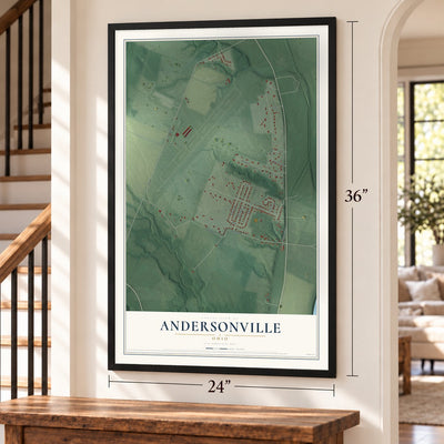 Andersonville, Ohio map, 24 x 36 inch print in a black frame by a staircase
