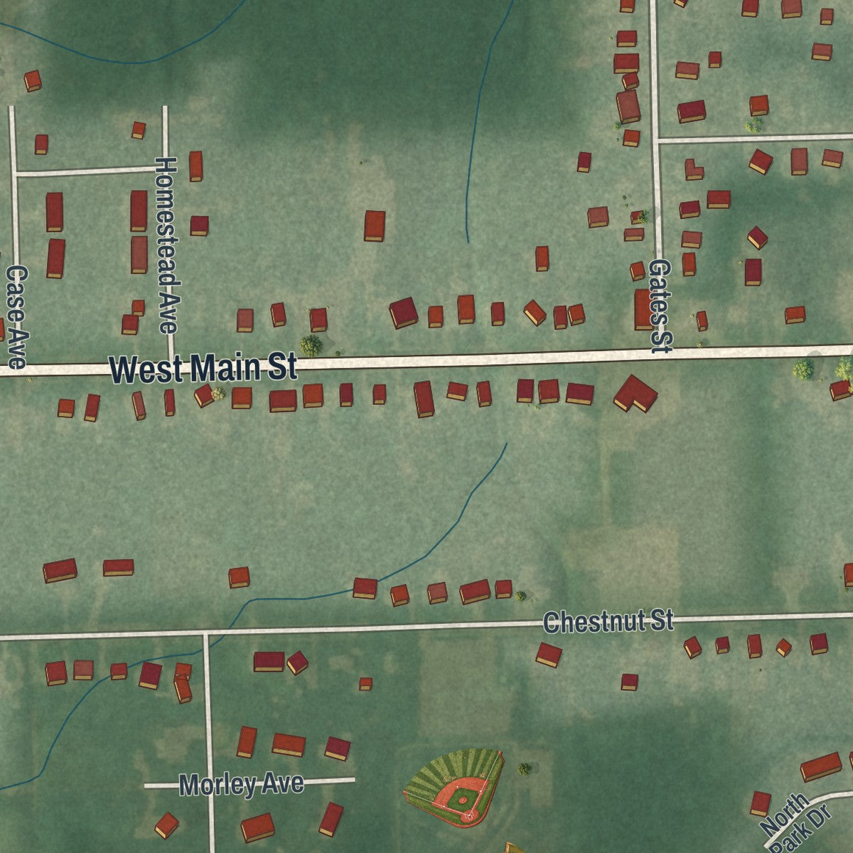 Second close-up of the map of Andover, Ohio print showing more streets and buildings