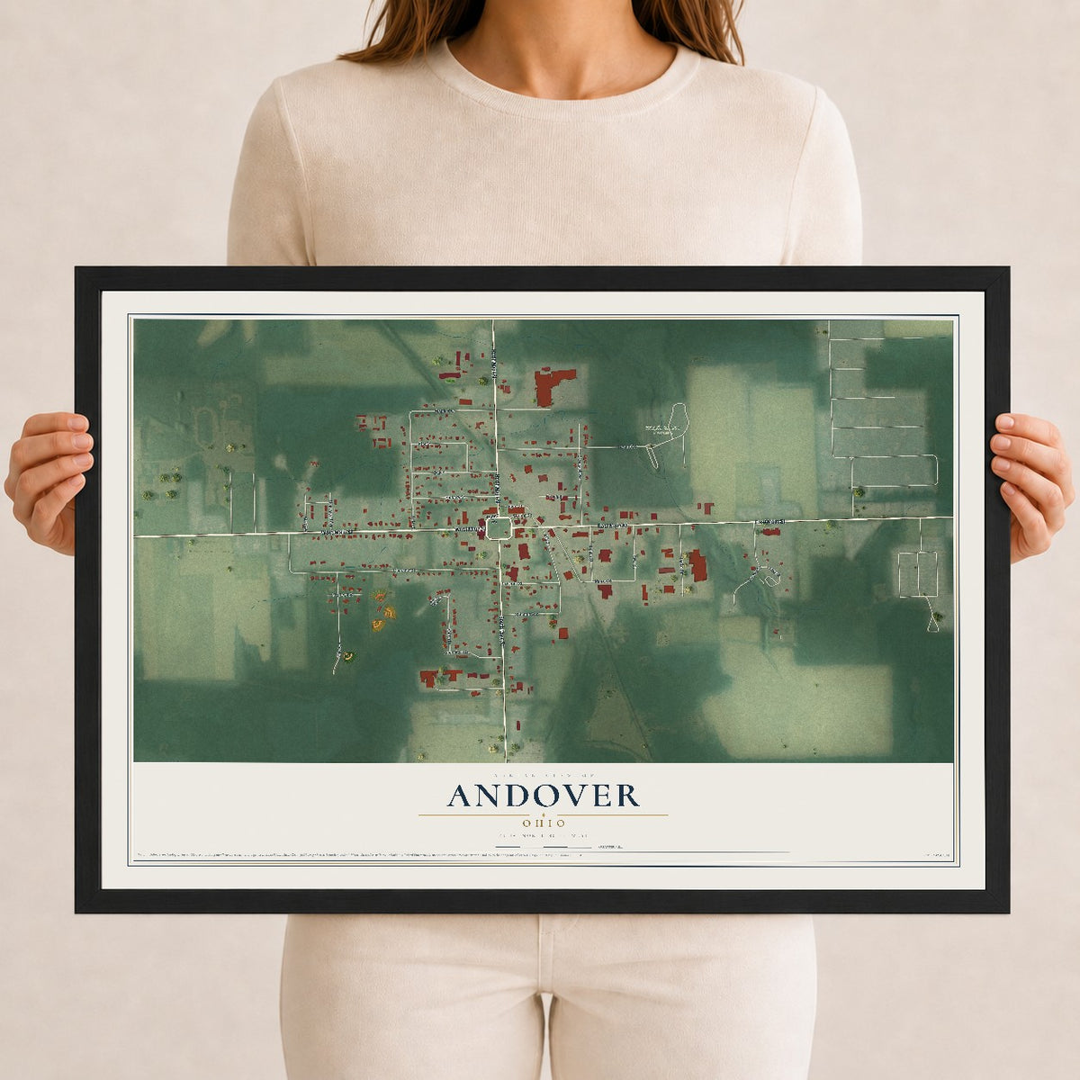 Map of Andover, Ohio, 12 x 18 inch print in a black wood frame