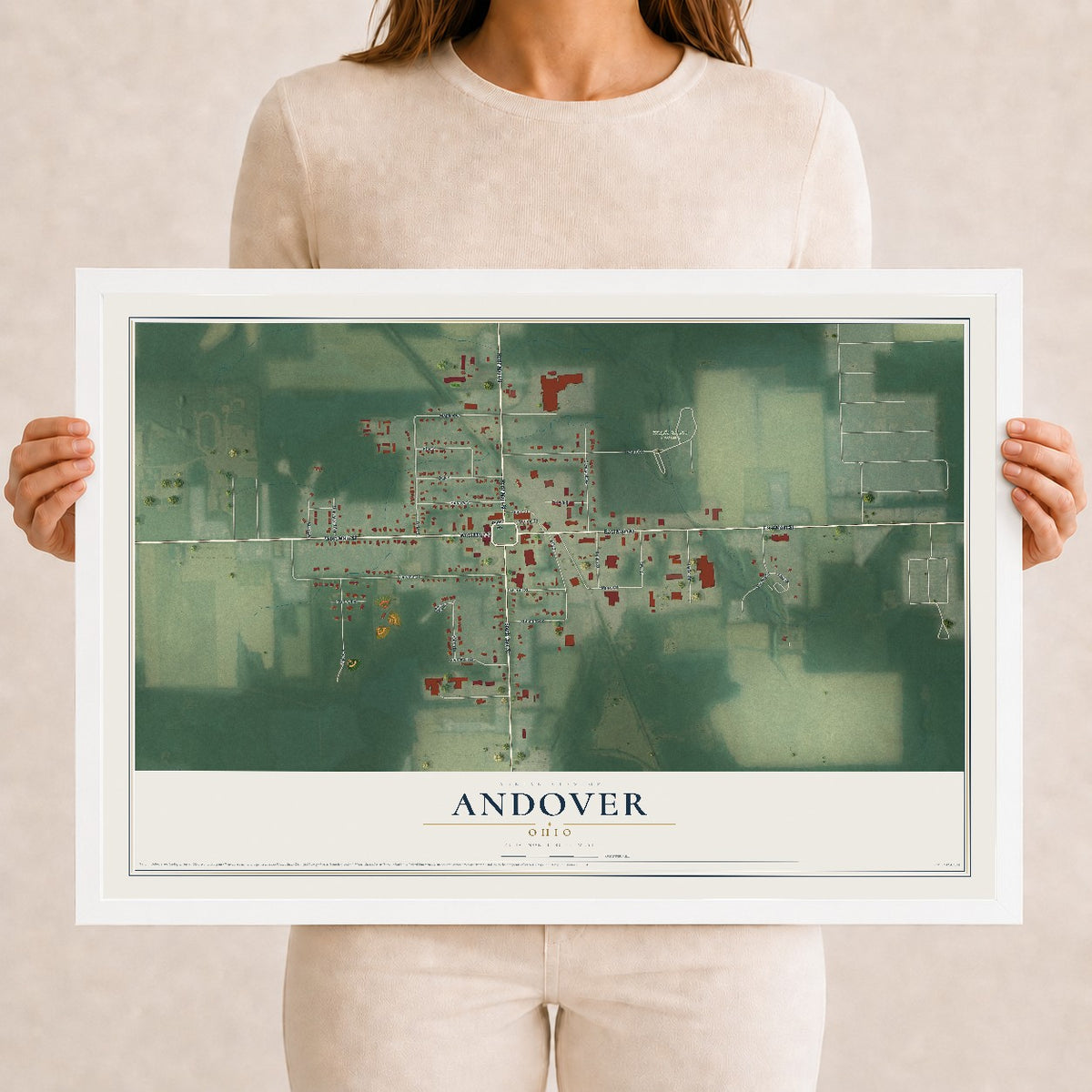 Map of Andover, Ohio, 12 x 18 inch print in a white wood frame