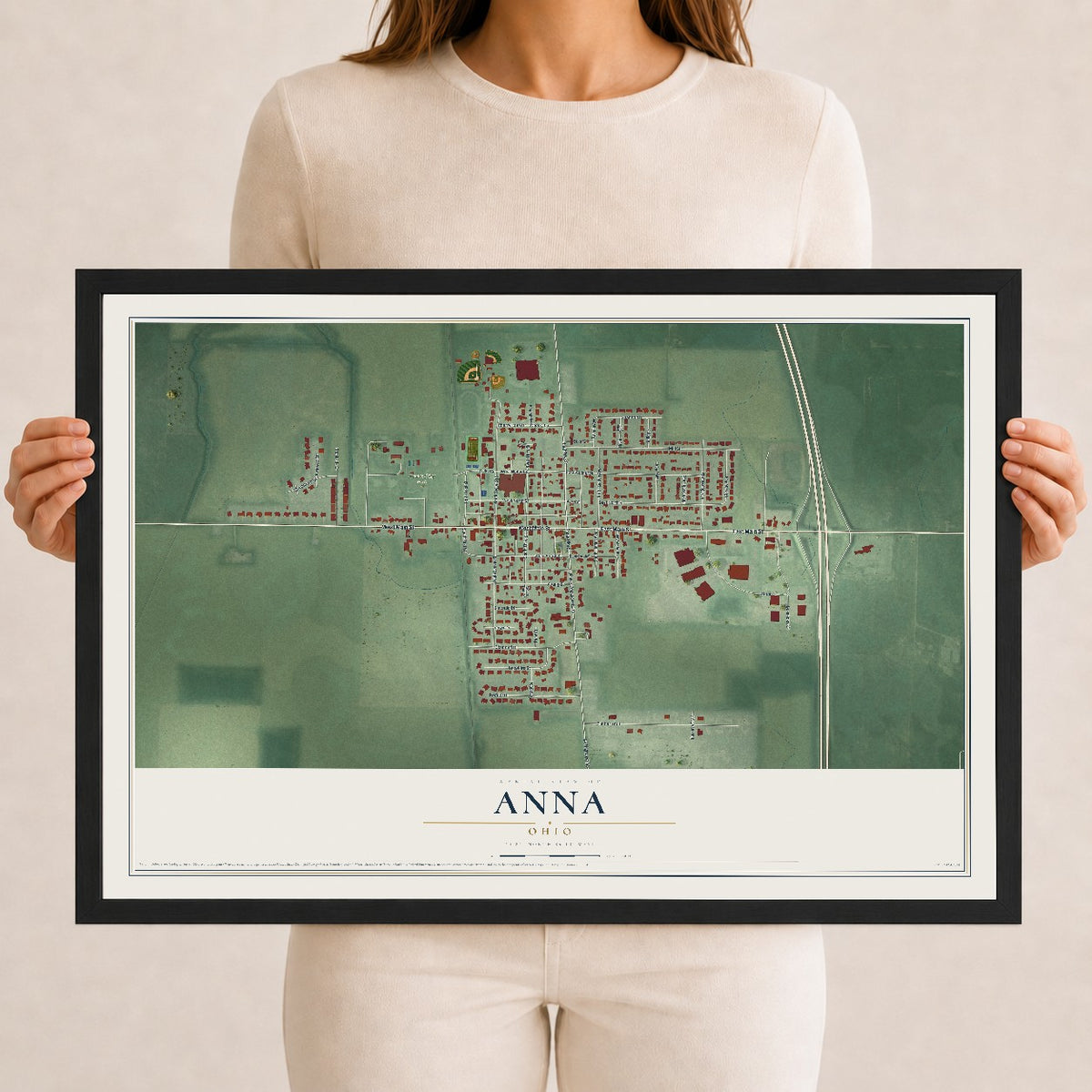 Map of Anna, Ohio, 12 x 18 inch print in a black wood frame