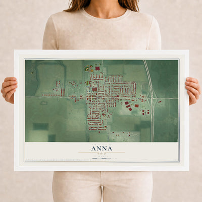 Map of Anna, Ohio, 12 x 18 inch print in a white wood frame