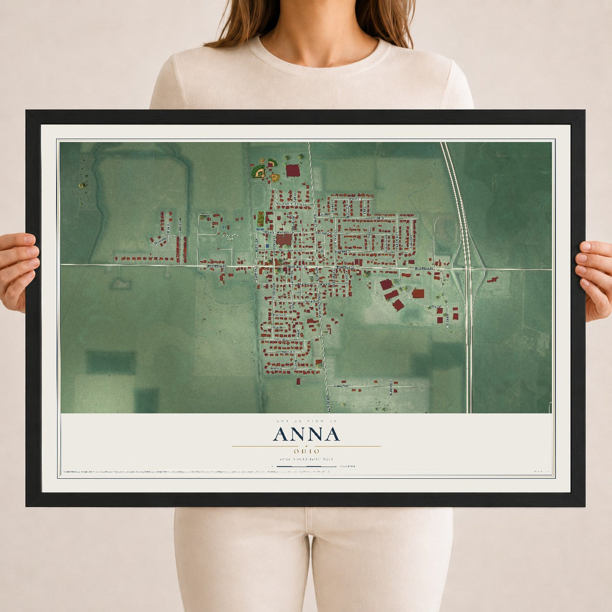 Map of Anna, Ohio, 18 x 24 inch print in a black wood frame